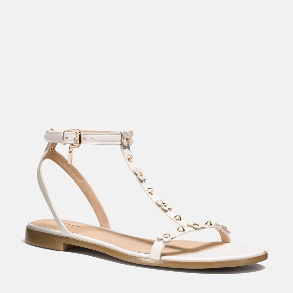 Coach Henriette Floral Rivets Flat Sandals | Chalk Leather with Die-Cut Appliqué
